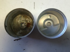 the effects of Ethanol Damage and contaminate deposits in the Carburetor Bowl on the left versus a normal Carburetor Bowl on the right.